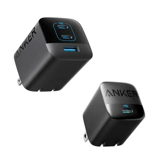 Anker fast charger 2-pack featuring a black compact design with one USB-A and one USB-C port on each charger, equipped with advanced PowerIQ technology for rapid and efficient charging. Ideal for charging multiple devices simultaneously, ensuring quick and reliable power delivery