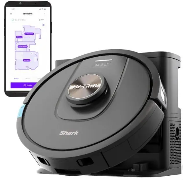 Shark Matrix Plus Robot Vacuum UR2360S with self-emptying base, precision mapping, and high-efficiency cleaning features.