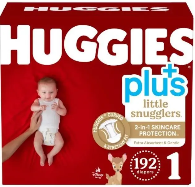 A pack of Huggies diapers featuring 2-in-1 skin care protection, extra absorbency, and a soft waistband for babies. Hypoallergenic, with exclusive Disney designs, available in sizes Newborn to Size 2.