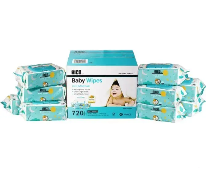 A close-up image of RICO Baby Wipes, 720-count pack, showcasing the gentle and soft texture of the wipes