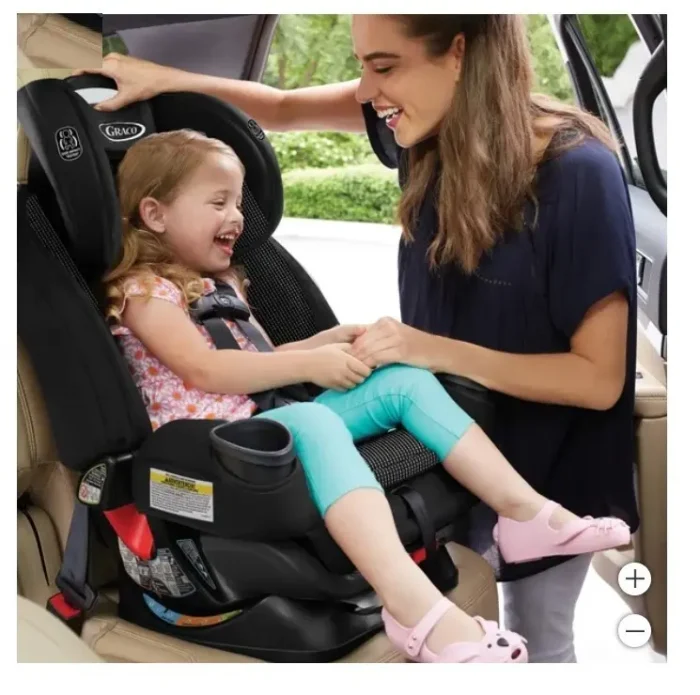 Graco 4Ever Extend2Fit DLX 4-in-1 Car Seat in black, showcasing its adjustable features and cup holders.