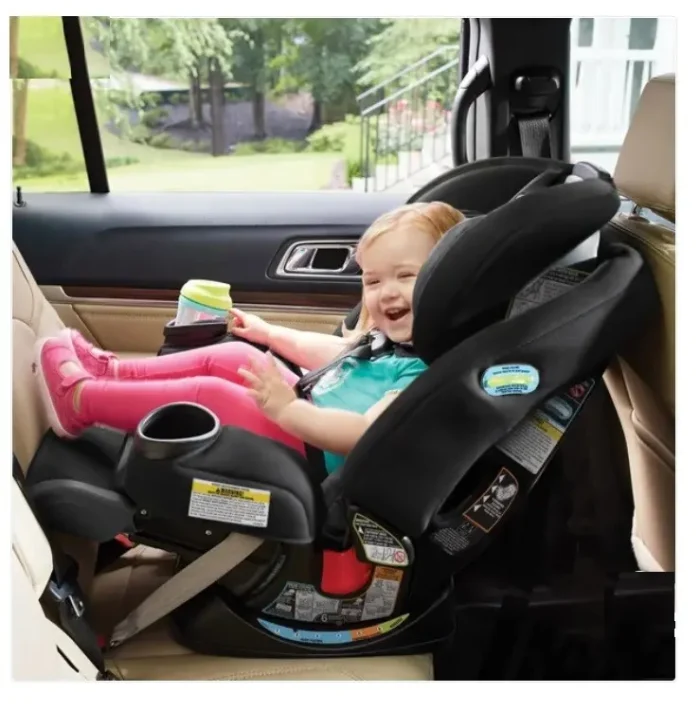 Graco 4Ever Extend2Fit DLX 4-in-1 Car Seat in black, showcasing its adjustable features and cup holders.