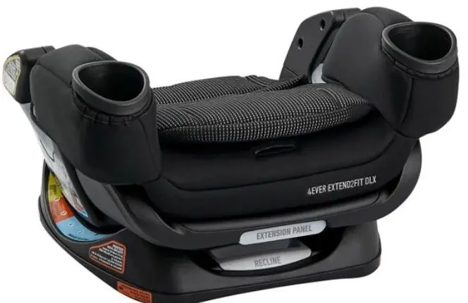 Graco 4Ever Extend2Fit DLX 4-in-1 Car Seat in black, showcasing its adjustable features and cup holders.