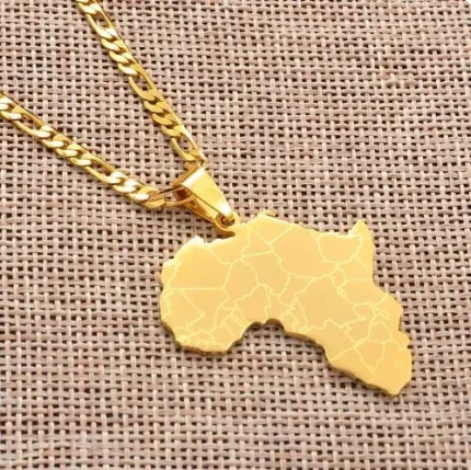 "Anniyo Africa Map & Country Name Pendant Necklace for men and women, elegant and cultural jewelry in gold or silver."