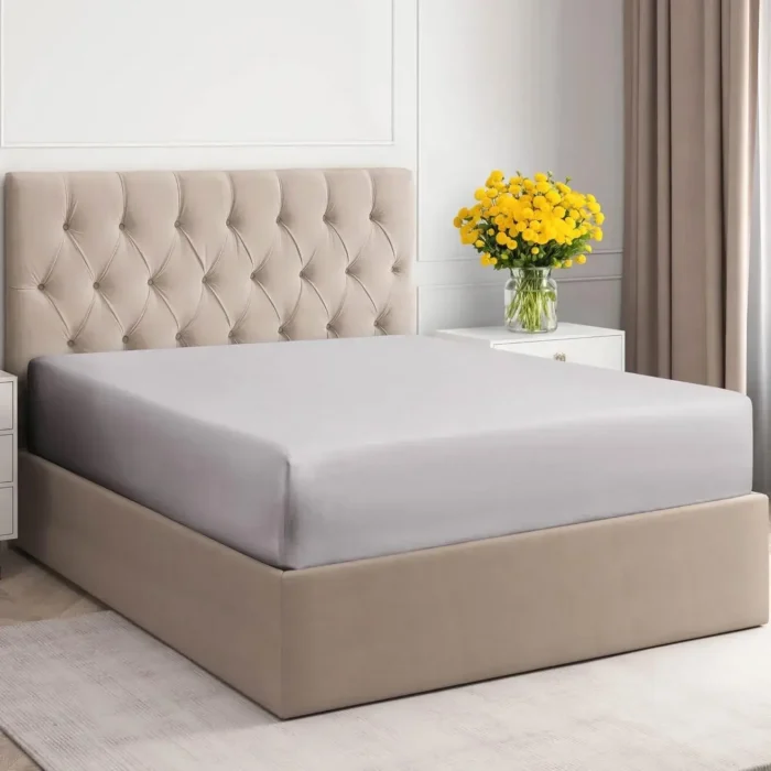 400-thread count 100% combed cotton sheets in light grey, featuring a breathable sateen weave, deep pockets for 16" mattresses, and a luxurious silky finish.