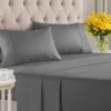 400-thread count 100% combed cotton sheets in light grey, featuring a breathable sateen weave, deep pockets for 16" mattresses, and a luxurious silky finish.