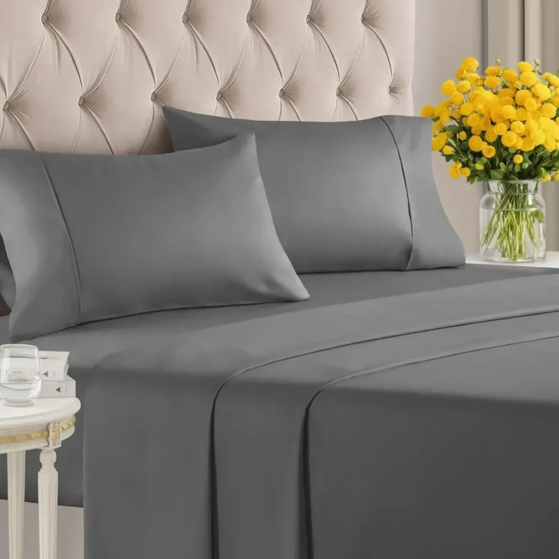 400-thread count 100% combed cotton sheets in light grey, featuring a breathable sateen weave, deep pockets for 16" mattresses, and a luxurious silky finish.