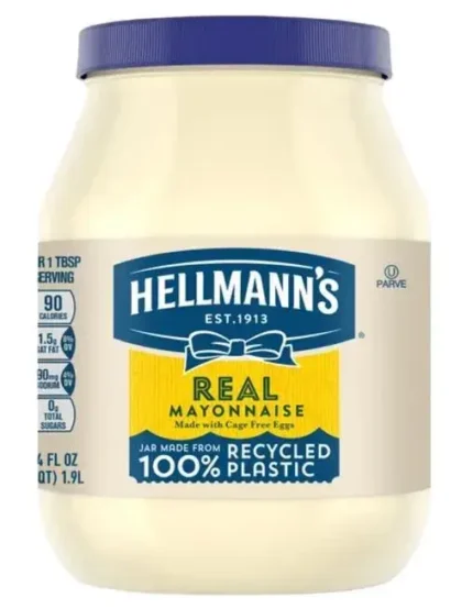 Jar of Hellmann’s Real Mayonnaise, 64 oz, rich and creamy condiment for versatile meals."