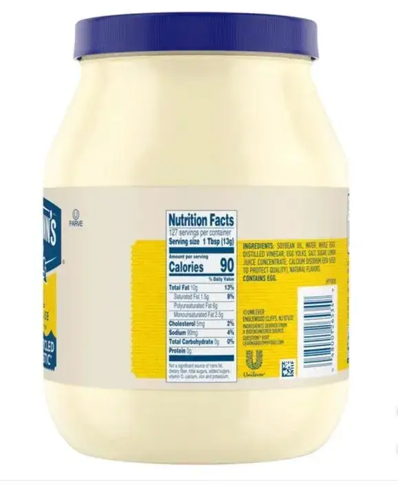 Jar of Hellmann’s Real Mayonnaise, 64 oz, rich and creamy condiment for versatile meals."