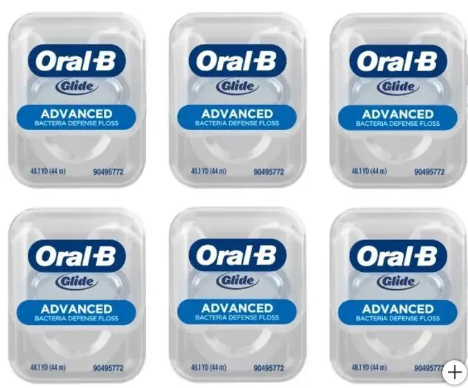 "Oral-B Glide Advanced Floss 6-Pack with antibacterial protection, ideal for tight spaces and gum health."