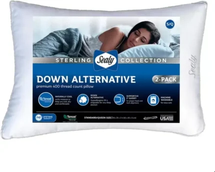 Sealy Sterling Collection Down Alternative Queen Pillows – 2-Pack with 400-thread-count cover, hypoallergenic fill, and moisture-wicking fabric for cool, supportive sleep